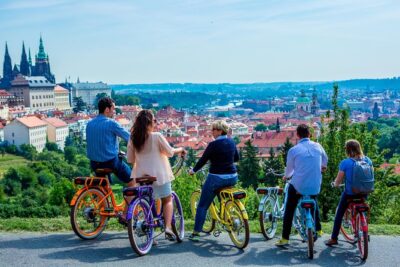 7 BEST VIEWS - PRAGUE eBIKE TOUR - Nerudova Street and Petrin Park: hills with cable cars and that Eiffel look-alike