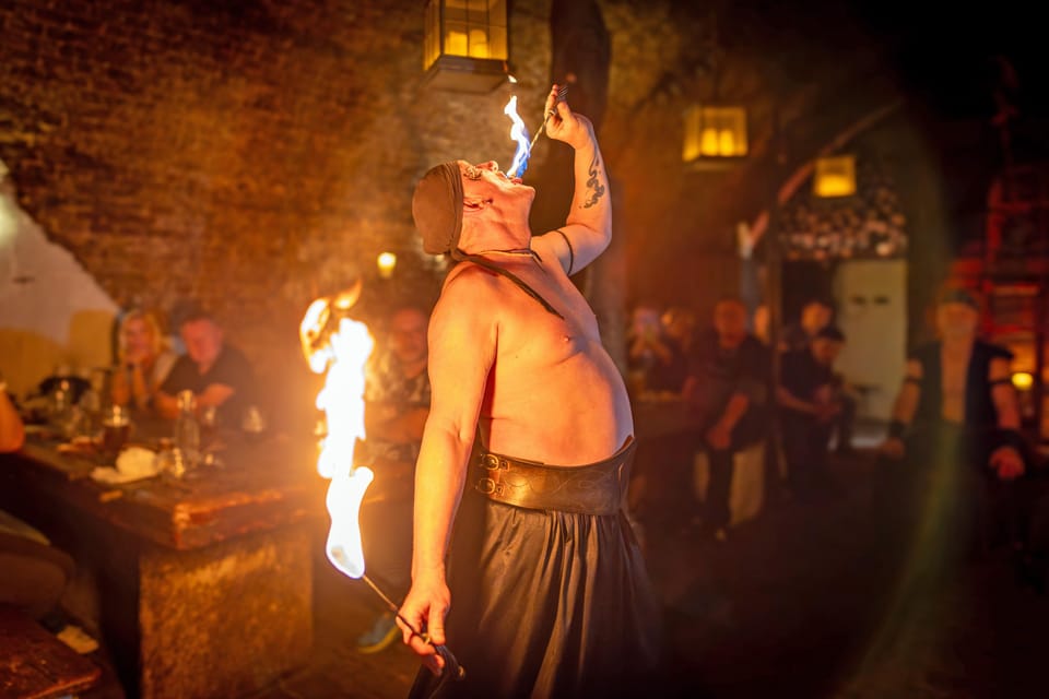 From Prague: Medieval Dinner, Show, Castle and Brewery - The medieval tavern feast: unlimited unpasteurized Detenice beer and Moravian wine